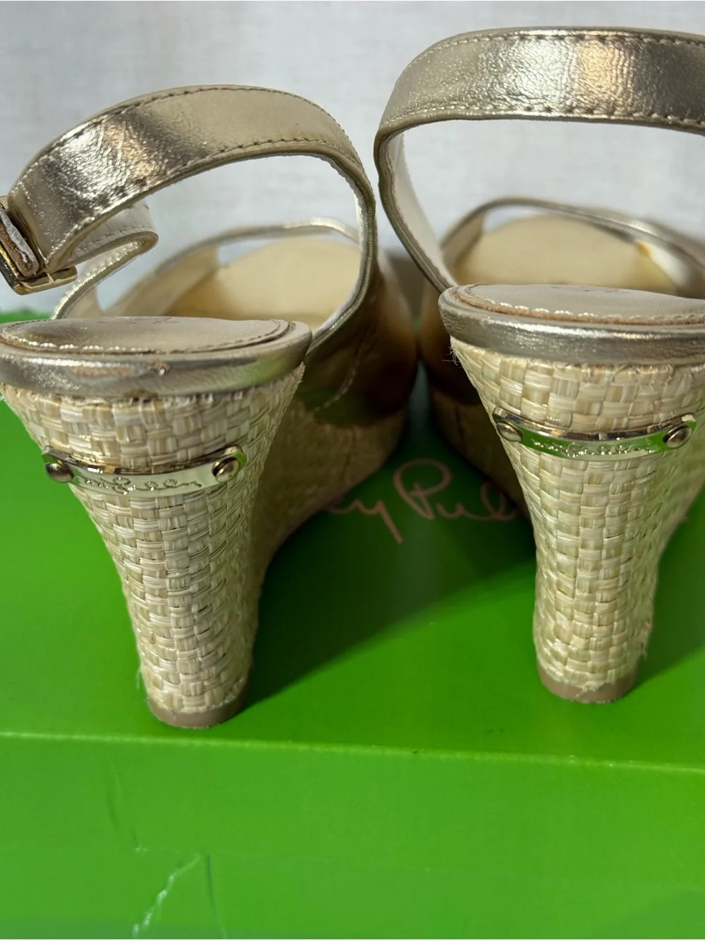 Lilly Pulitzer Gold Peep-Toe Wedge Slingback Sandals Size 9.5